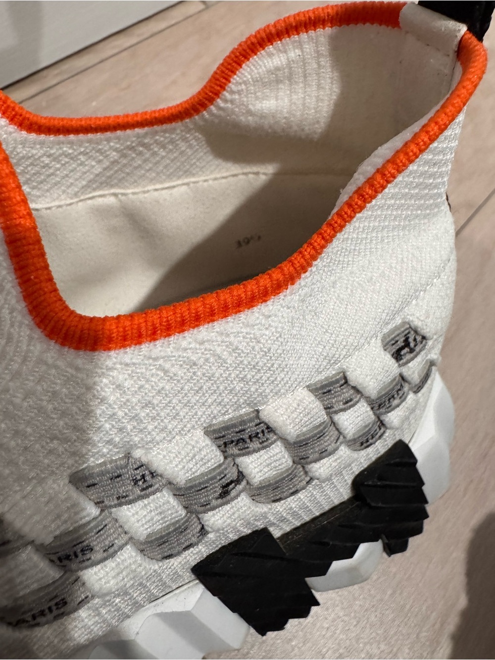 Hermes Cream Knit Sneakers with Orange Trim - Picture 9 of 9